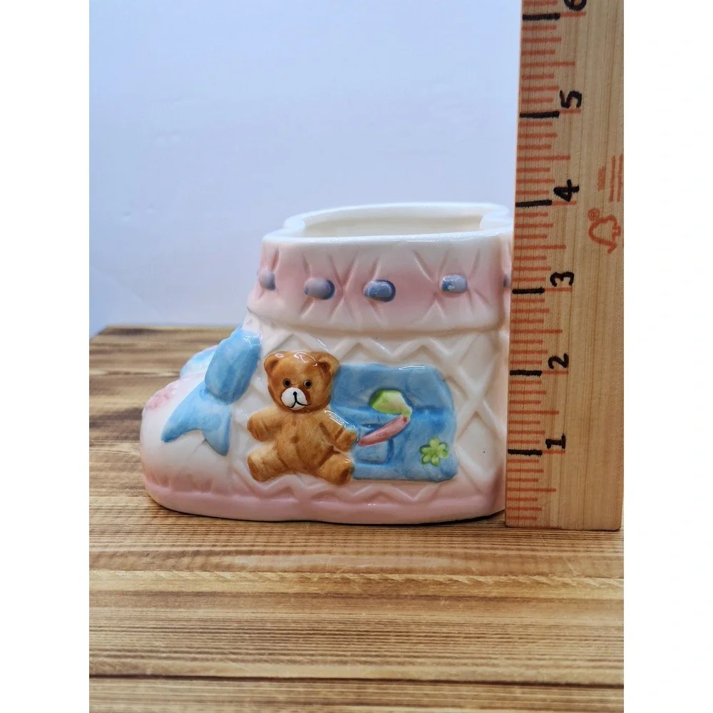 Ceramic Vase‎ Teddy Bear Baby Shoes Boots Pink Bow